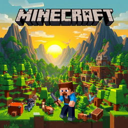 A colorful and imaginative illustration of the Minecraft world, featuring a vast landscape filled with blocky terrain, towering mountains, and lush forests