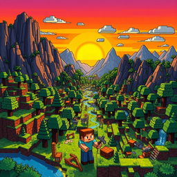 A colorful and imaginative illustration of the Minecraft world, featuring a vast landscape filled with blocky terrain, towering mountains, and lush forests
