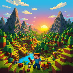 A colorful and imaginative illustration of the Minecraft world, featuring a vast landscape filled with blocky terrain, towering mountains, and lush forests