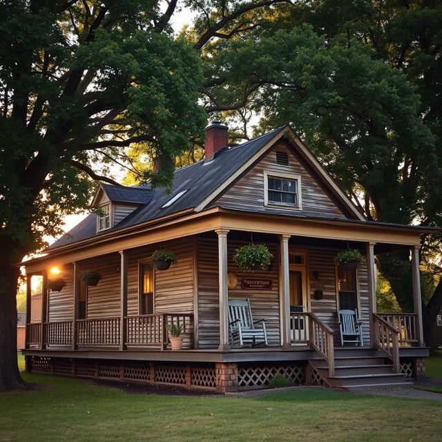 An old house with a charming, rustic appearance, featuring weathered wooden siding and a slightly sagging roof