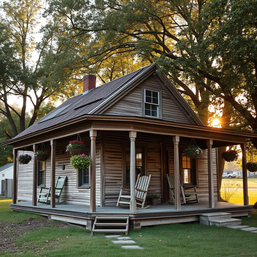 An old house with a charming, rustic appearance, featuring weathered wooden siding and a slightly sagging roof