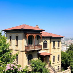 An old, historic house in Tehran, showcasing Persian architectural elements such as intricate tile work, wooden balconies, and classical arched windows