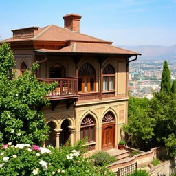 An old, historic house in Tehran, showcasing Persian architectural elements such as intricate tile work, wooden balconies, and classical arched windows