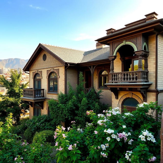 An old, historic house in Tehran, showcasing Persian architectural elements such as intricate tile work, wooden balconies, and classical arched windows