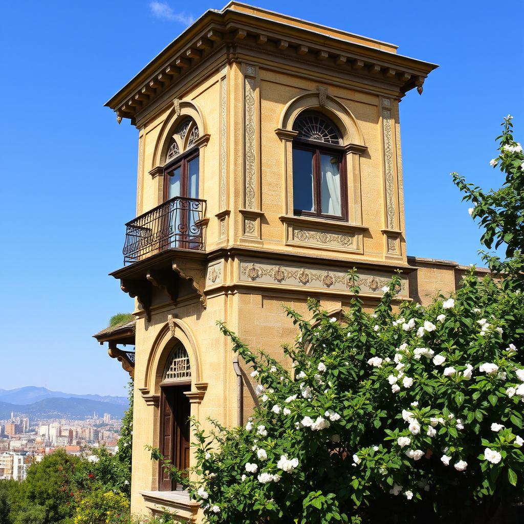 An old, historic house in Tehran, showcasing Persian architectural elements such as intricate tile work, wooden balconies, and classical arched windows