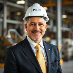 A professional portrait of a middle-aged man wearing a black blazer, white shirt, and a golden tie