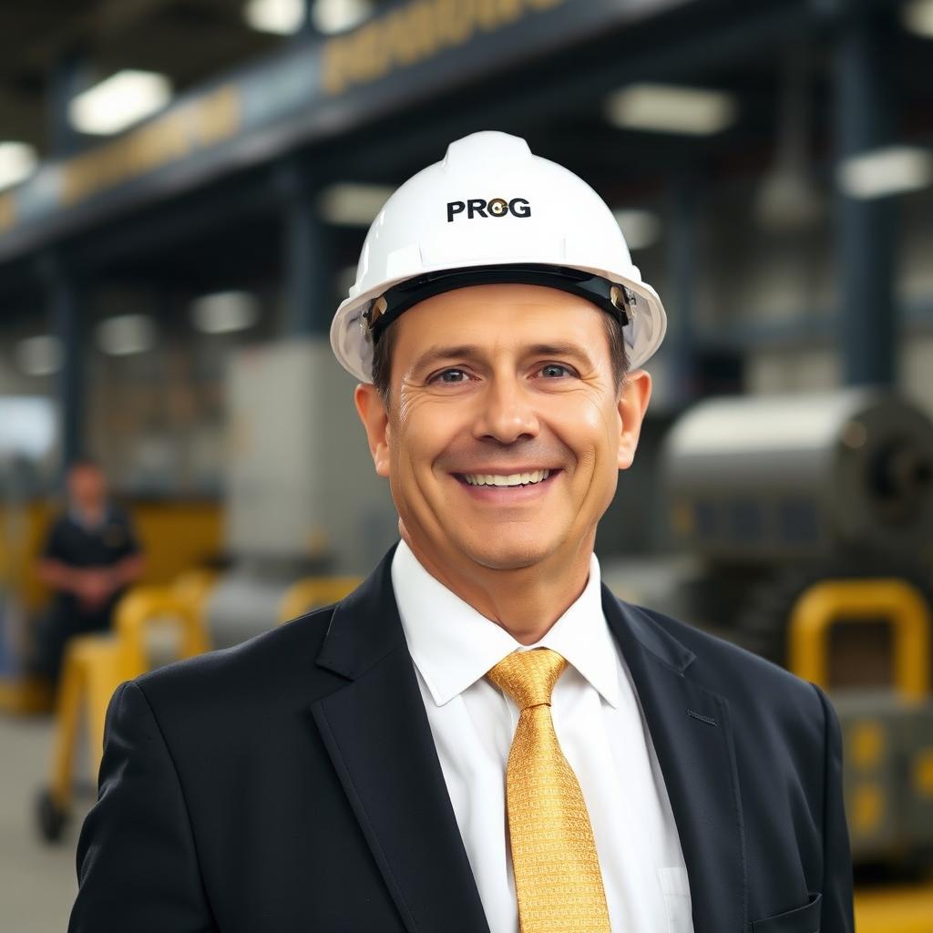 A professional portrait of a middle-aged man wearing a black blazer, white shirt, and a golden tie