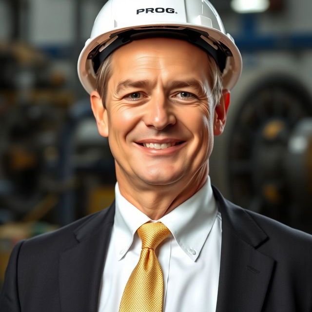 A professional portrait of a middle-aged man wearing a black blazer, white shirt, and a golden tie