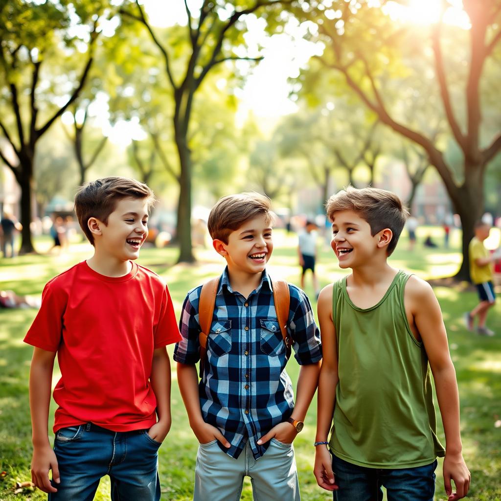 A candid photograph of three boys in the middle of a lively urban park setting