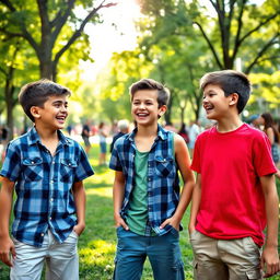 A candid photograph of three boys in the middle of a lively urban park setting
