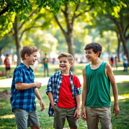 A candid photograph of three boys in the middle of a lively urban park setting