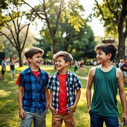 A candid photograph of three boys in the middle of a lively urban park setting