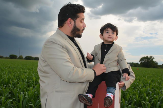 A heartwarming scene depicting a father in a light beige suit interacting with his young child, who is wearing a similar light beige suit