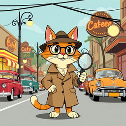 A simple style animation featuring a cat detective inspired by the 1950s