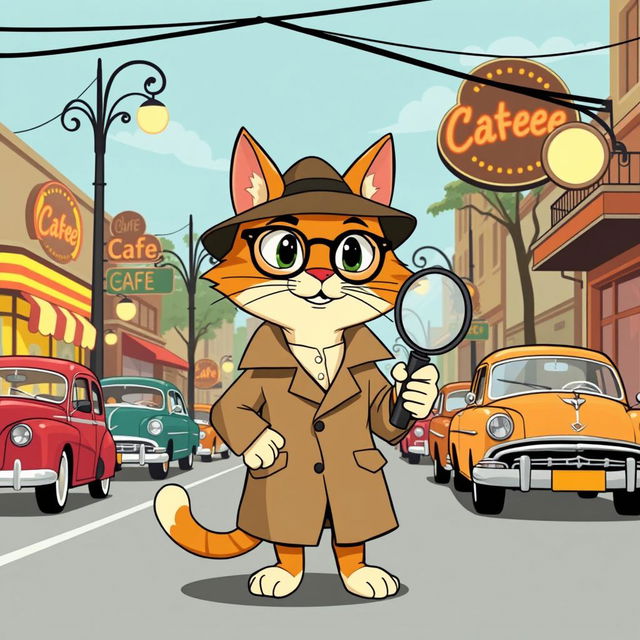 A simple style animation featuring a cat detective inspired by the 1950s