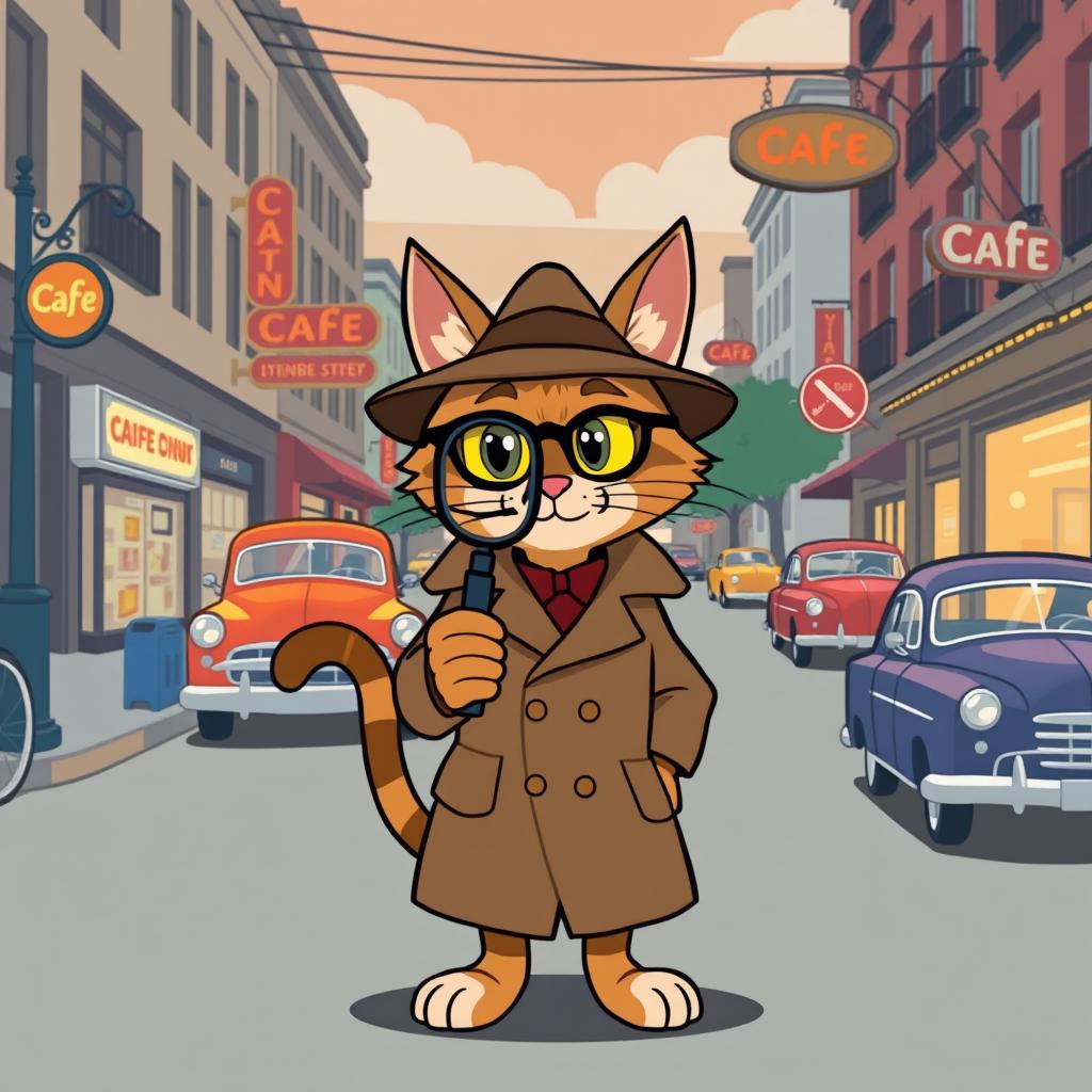 A simple style animation featuring a cat detective inspired by the 1950s