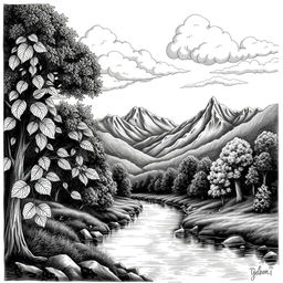 A beautiful black and white drawing capturing the essence of nature, featuring a serene landscape with mountains in the background, a calm river flowing through the foreground, and detailed trees with intricate leaf patterns