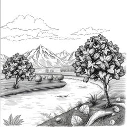A beautiful black and white drawing capturing the essence of nature, featuring a serene landscape with mountains in the background, a calm river flowing through the foreground, and detailed trees with intricate leaf patterns