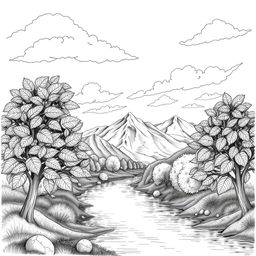 A beautiful black and white drawing capturing the essence of nature, featuring a serene landscape with mountains in the background, a calm river flowing through the foreground, and detailed trees with intricate leaf patterns