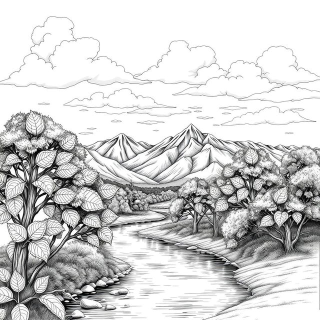 A beautiful black and white drawing capturing the essence of nature, featuring a serene landscape with mountains in the background, a calm river flowing through the foreground, and detailed trees with intricate leaf patterns