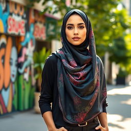 A fashionable and modern woman wearing a stylish hijab, standing confidently in an urban setting