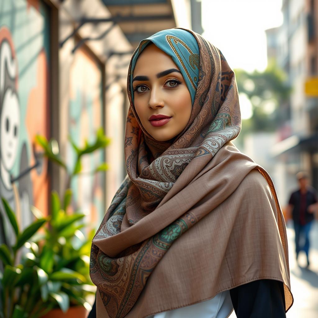 A fashionable and modern woman wearing a stylish hijab, standing confidently in an urban setting