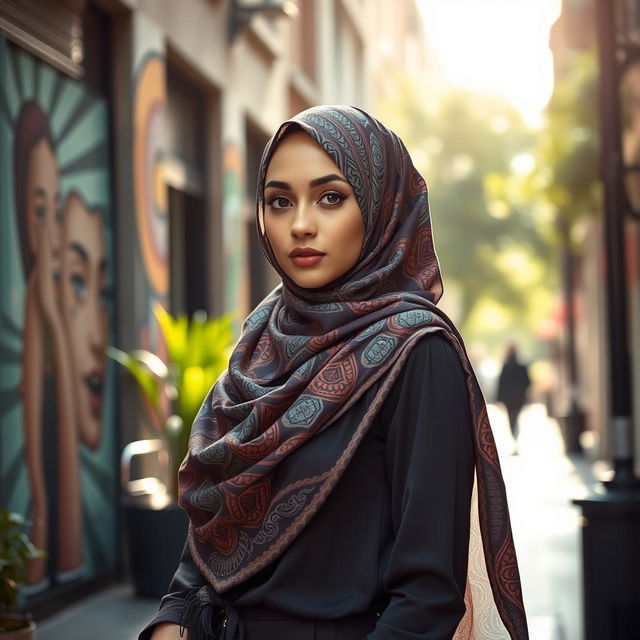 A fashionable and modern woman wearing a stylish hijab, standing confidently in an urban setting