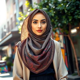 A fashionable and modern woman wearing a stylish hijab, standing confidently in an urban setting