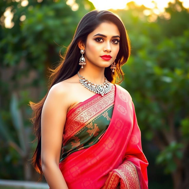 A elegant woman dressed in traditional Indian attire, featuring a vibrant saree with intricate patterns