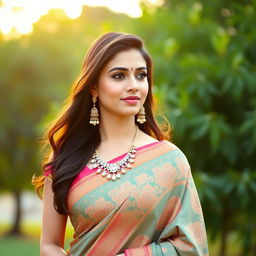 A elegant woman dressed in traditional Indian attire, featuring a vibrant saree with intricate patterns