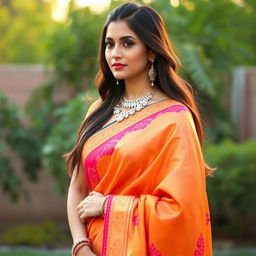 A elegant woman dressed in traditional Indian attire, featuring a vibrant saree with intricate patterns