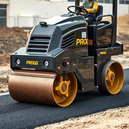 A black and gold roller machine labeled 'PROG' used for asphalt smoothing