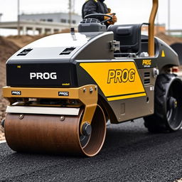 A black and gold roller machine labeled 'PROG' used for asphalt smoothing