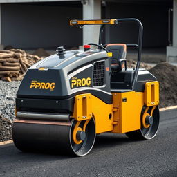 A black and gold roller machine labeled 'PROG' used for asphalt smoothing