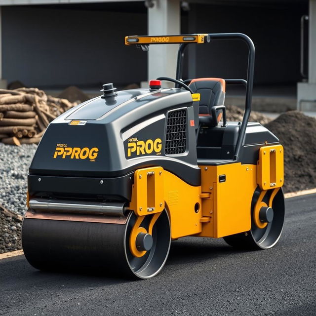 A black and gold roller machine labeled 'PROG' used for asphalt smoothing