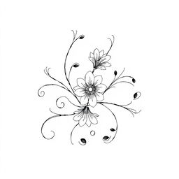 A simple yet beautiful black and white drawing featuring elegant floral patterns entwined with graceful curves and swirls