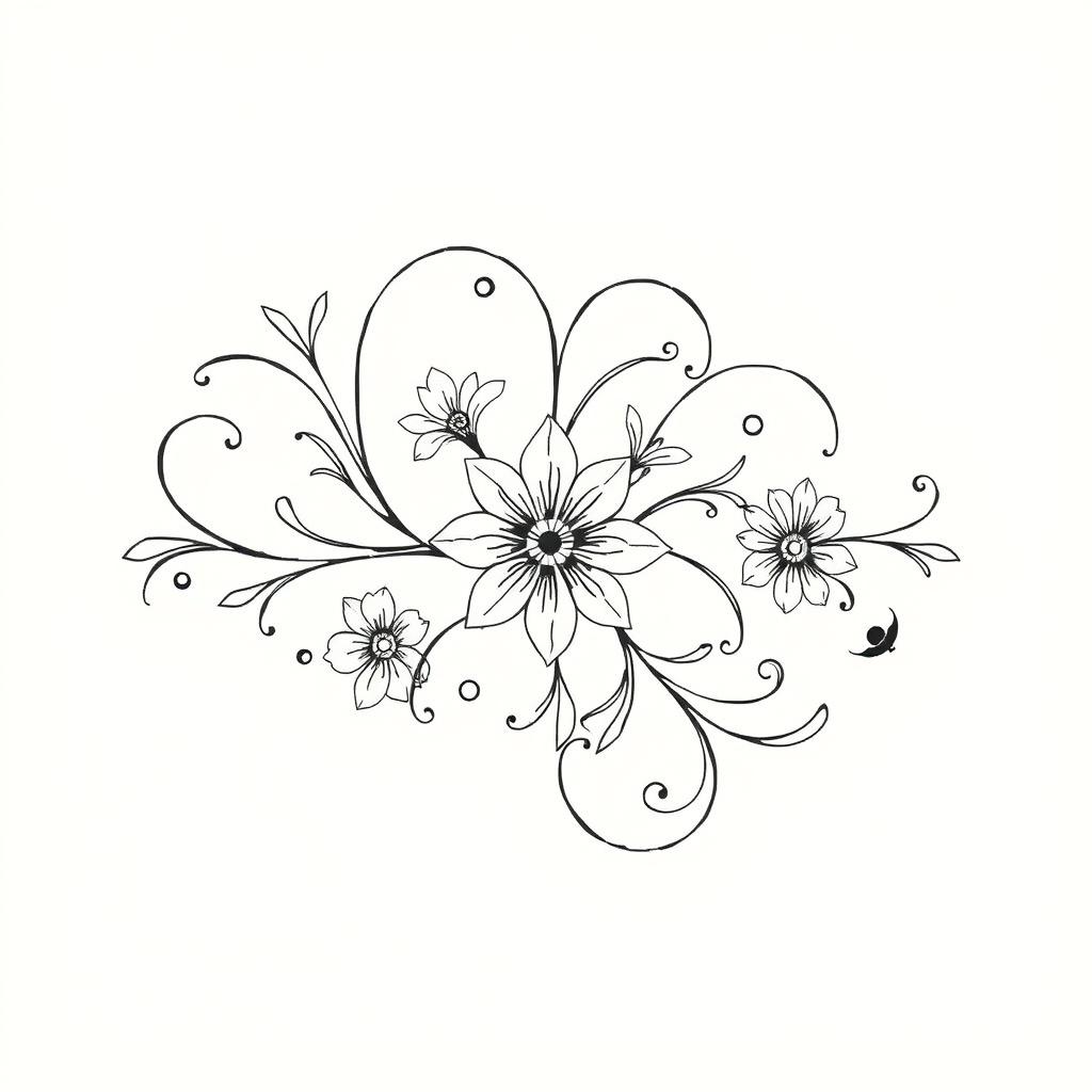 A simple yet beautiful black and white drawing featuring elegant floral patterns entwined with graceful curves and swirls