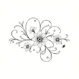 A simple yet beautiful black and white drawing featuring elegant floral patterns entwined with graceful curves and swirls
