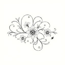 A simple yet beautiful black and white drawing featuring elegant floral patterns entwined with graceful curves and swirls