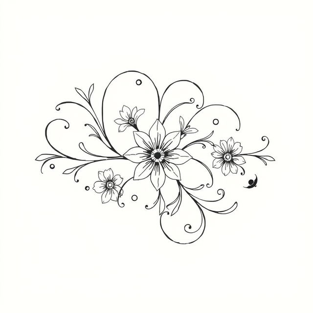 A simple yet beautiful black and white drawing featuring elegant floral patterns entwined with graceful curves and swirls