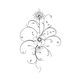 A simple yet beautiful black and white drawing featuring elegant floral patterns entwined with graceful curves and swirls