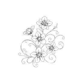 A simple yet beautiful black and white drawing featuring elegant floral patterns entwined with graceful curves and swirls