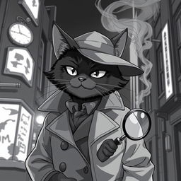 A stylish black cat detective wearing a classic trench coat, set against a backdrop of a dimly lit urban environment