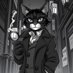 A stylish black cat detective wearing a classic trench coat, set against a backdrop of a dimly lit urban environment