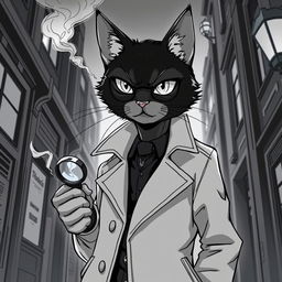 A stylish black cat detective wearing a classic trench coat, set against a backdrop of a dimly lit urban environment