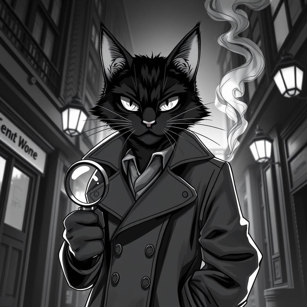 A stylish black cat detective wearing a classic trench coat, set against a backdrop of a dimly lit urban environment