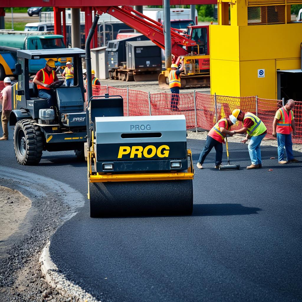 A scene depicting a black and gold roller machine labeled 'PROG' actively smoothing asphalt