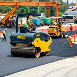 A scene depicting a black and gold roller machine labeled 'PROG' actively smoothing asphalt