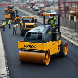 A scene depicting a black and gold roller machine labeled 'PROG' actively smoothing asphalt