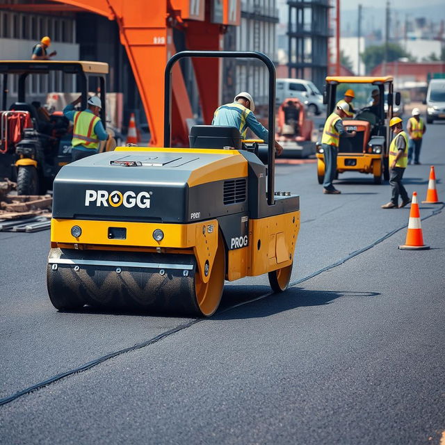 A scene depicting a black and gold roller machine labeled 'PROG' actively smoothing asphalt